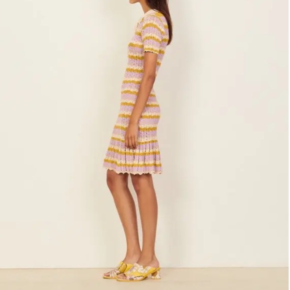 SANDRO Multicoloured Crochet Wavy Lined Collared Keyhole Ruffle Polo Dress US 8 - Picture 4 of 10